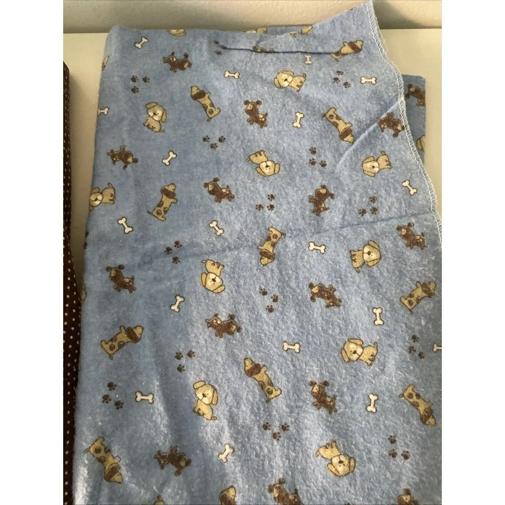 Lot of 2 Carters Flannel Receing Blankets Brown Polka Dots and Puppy Dog Blue
